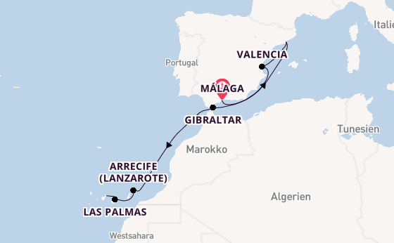 Westliches Mittelmeer ab Málaga, Spanien auf der Azura