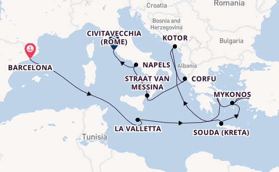 Middellandse Zee vanaf Barcelona, Spanje met de Oosterdam