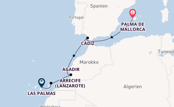 Kanarische Inseln ab Palma de Mallorca auf der Mein Schiff 7