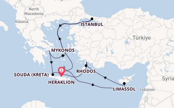 Oostelijke Middellandse Zee vanaf Heraklion, Griekenland met de Mein Schiff 5