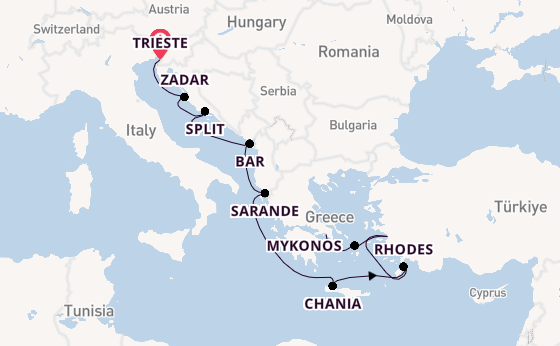 Eastern Mediterranean from Trieste, Italy with the Marina