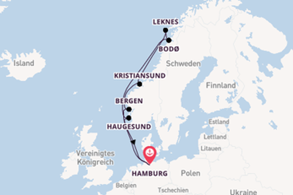 Einmalige Kreuzfahrt über Kristiansund nach Hamburg