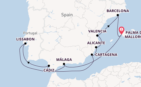 Westelijke Middellandse Zee vanaf Palma de Mallorca, Mallorca, Spanje met AIDAsol