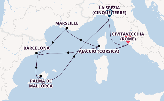 Westelijke Middellandse Zee vanaf Civitavecchia (Rome), Italië met AIDAcosma