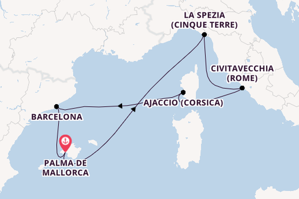 Westelijke Middellandse Zee vanaf Palma de Mallorca, Mallorca, Spanje met AIDAcosma