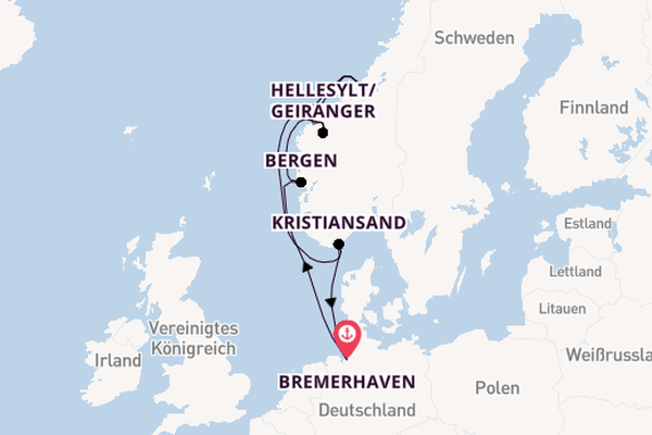 Norwegen ab Bremerhaven, Deutschland auf der Mein Schiff 1