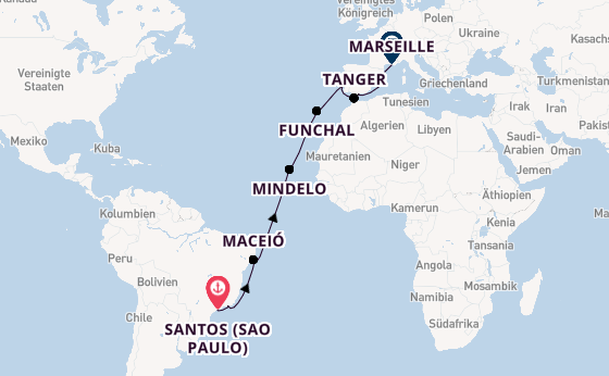 Transatlantik ab Santos (Sao Paulo), Brasilien auf der MSC Seaview