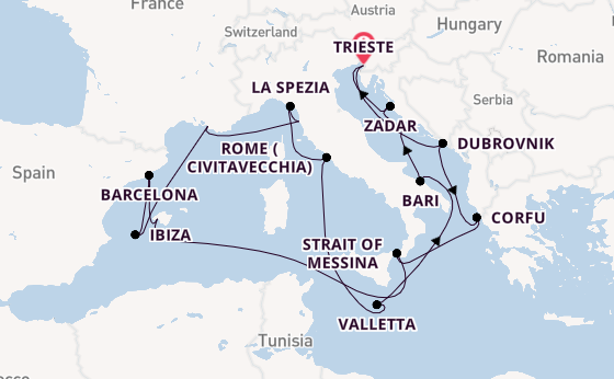 Western Mediterranean from Trieste, Italy with the Queen Elizabeth