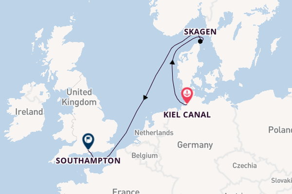England from Kiel Canal, Germany with the Queen Anne