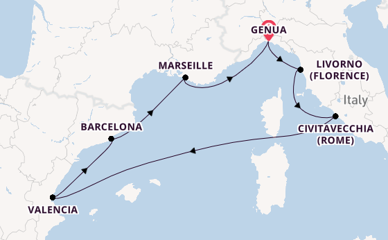 Westelijke Middellandse Zee vanaf Genua, Italië met de MSC Lirica