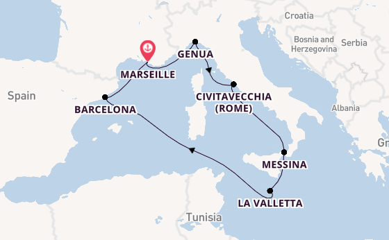 Westelijke Middellandse Zee vanaf Marseille, Frankrijk met de MSC World Asia