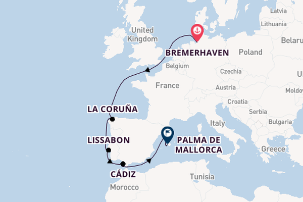 Westelijke Middellandse Zee vanaf Bremerhaven, Duitsland met de Mein Schiff 2 