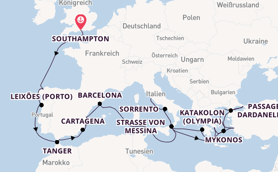 Mittelmeer ab Southampton, Großbritannien auf der Queen Elizabeth