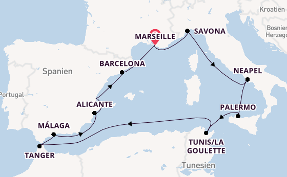 Westliches Mittelmeer ab Marseille, Frankreich auf der Costa Pacifica