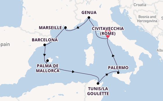 Westelijke Middellandse Zee vanaf Civitavecchia (Rome), Italië met de Costa Toscana