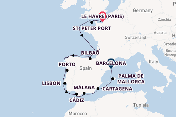 Western Mediterranean from Le Havre (Paris), France with the Insignia