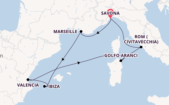 Westliches Mittelmeer ab Savona, Italien auf der Costa Pacifica