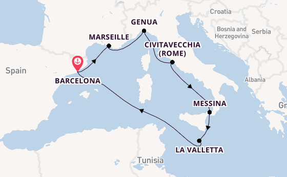 Westelijke Middellandse Zee vanaf Barcelona, Spanje met de MSC World Asia