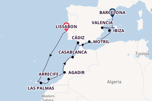 Westelijke Middellandse Zee vanaf Lissabon, Portugal met de Norwegian Dawn