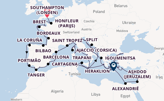 Middellandse Zee vanaf Southampton (Londen), Engeland met de Seven Seas Mariner