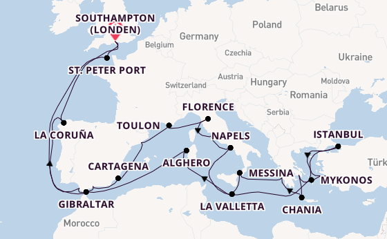 Middellandse Zee vanaf Southampton (Londen), Engeland met de Sky Princess