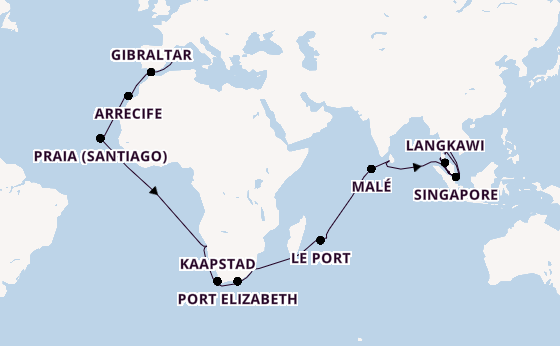 Zuidoost-Azië vanaf Palma de Mallorca, Mallorca, Spanje met de Mein Schiff 6