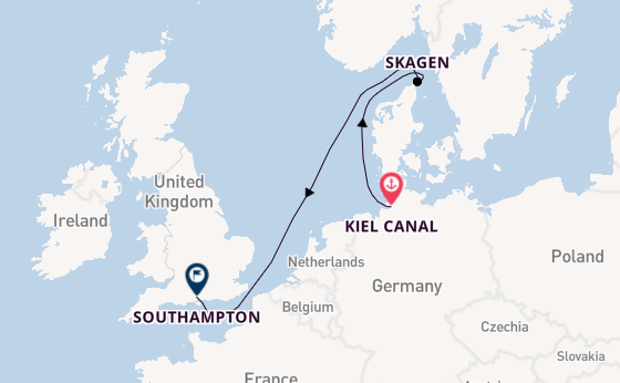 England from Kiel Canal, Germany with the Queen Anne