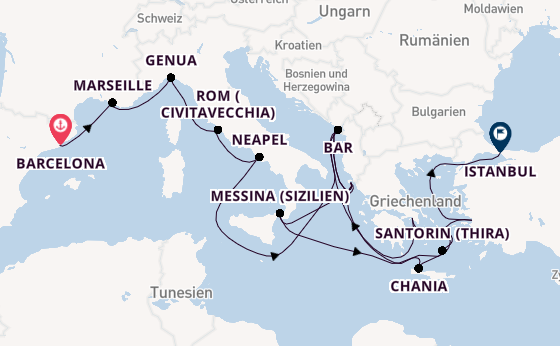 Mittelmeer ab Barcelona, Spanien auf der Sun Princess