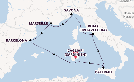 Westliches Mittelmeer ab Cagliari (Sardinien), Italien auf der Costa Smeralda