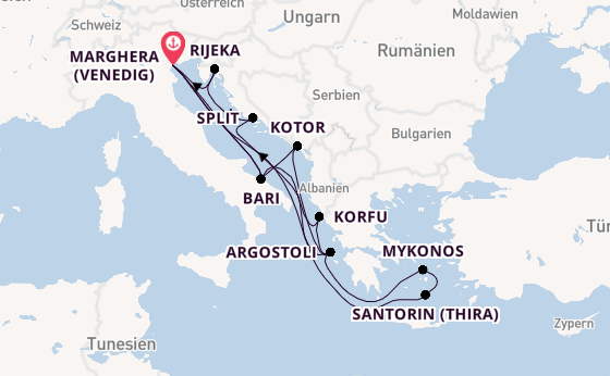 Mittelmeer ab Marghera (Venedig) auf der Costa Deliziosa