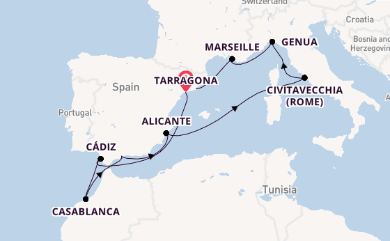 Westelijke Middellandse Zee vanaf Tarragona, Spanje met de MSC Magnifica