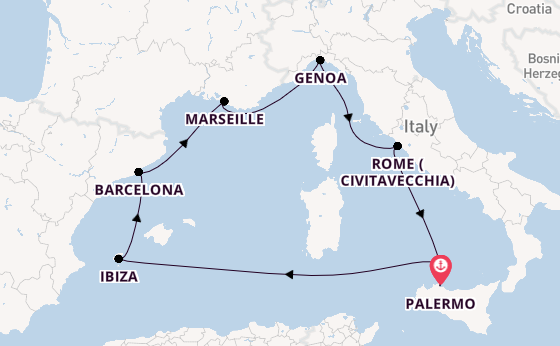 Western Mediterranean from Palermo, Sicily, Italy with the MSC Seaview