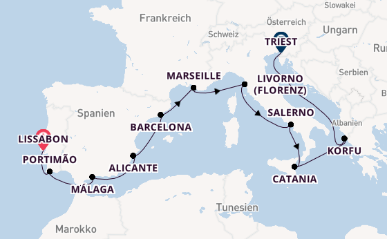 Mittelmeer ab Lissabon, Portugal auf der Sonata (Oceania)