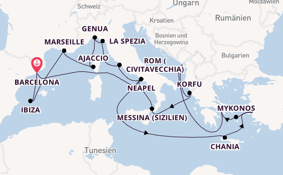 Mittelmeer ab Barcelona, Spanien auf der Sun Princess