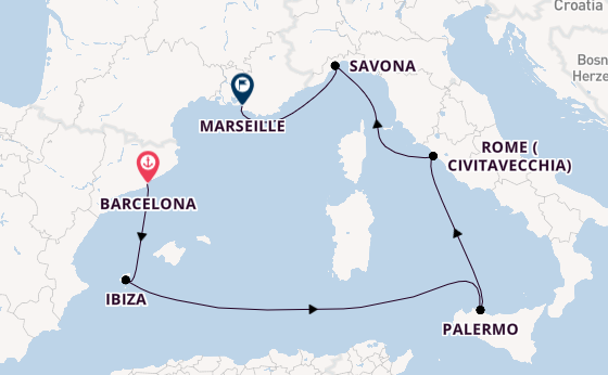 Western Mediterranean from Barcelona, Spain with the Costa Smeralda