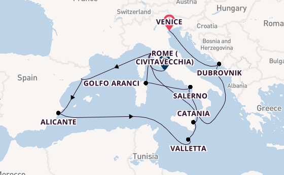 Western Mediterranean from Venice, Italy with the Seven Seas Grandeur