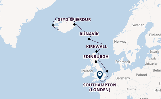 Verenigd Koninkrijk vanaf Reykjavik, IJsland met de Aurelia