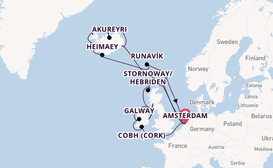 Britse Eilanden vanaf Amsterdam, Nederland met de Zuiderdam