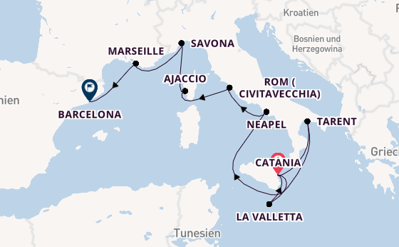 Westliches Mittelmeer ab Catania, Italien auf der Costa Serena