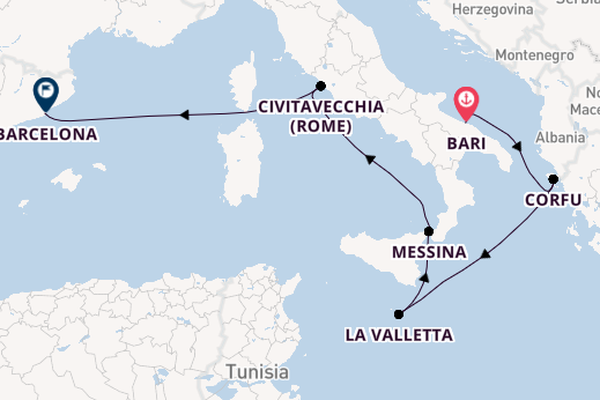 Westelijke Middellandse Zee vanaf Bari, Italië met de MSC Fantasia