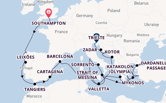 Mediterranean Sea from Southampton, England with the Queen Elizabeth