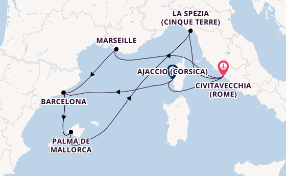 Westelijke Middellandse Zee vanaf Civitavecchia (Rome), Italië met AIDAcosma