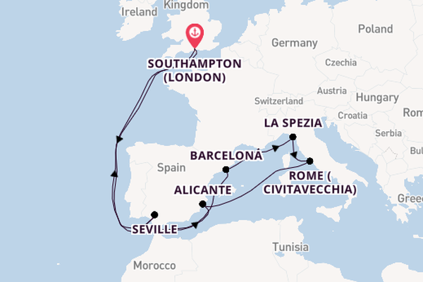 Western Mediterranean from Southampton, England with the Arvia