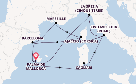 Westelijke Middellandse Zee vanaf Palma de Mallorca, Mallorca, Spanje met AIDAcosma