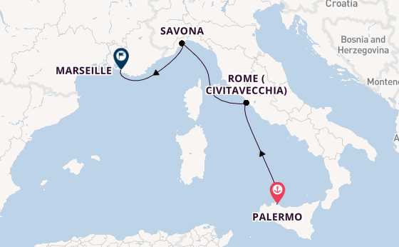 Western Mediterranean from Palermo, Sicily, Italy with the Costa Smeralda