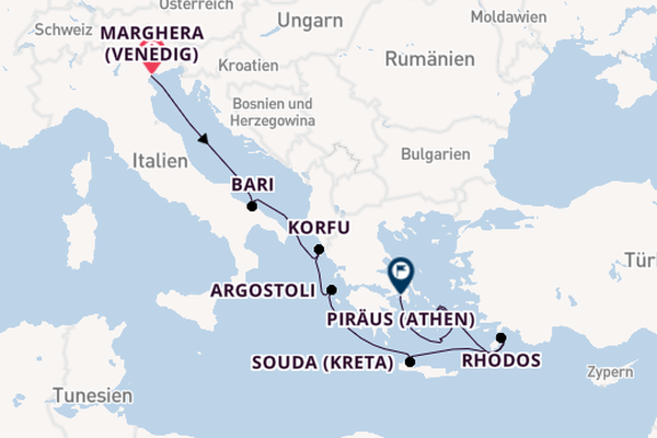Östliches Mittelmeer ab Marghera (Venedig) auf der Costa Deliziosa