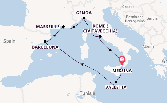 Western Mediterranean from Messina, Sicily, Italy with the MSC World Asia