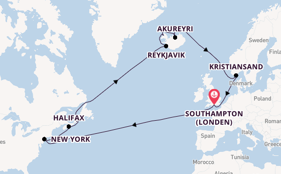 trans-Atlantisch vanaf Southampton (Londen), Engeland met de Queen Mary 2