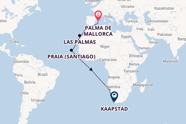 Zuidelijk Afrika vanaf Palma de Mallorca, Mallorca, Spanje met AIDAstella
