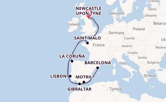 Western Mediterranean from Newcastle upon Tyne, England with the Bolette